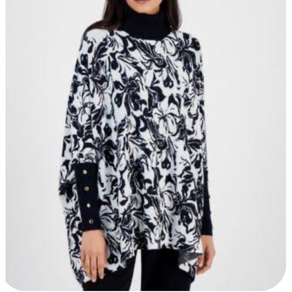 New Black White Floral Turtleneck Poncho Sweater Gold Button Cuffs Small